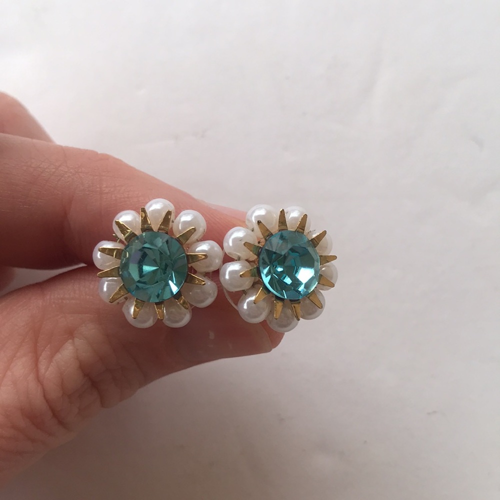 Y2k Betsey Johnson Stud Pearl Blue Gold Gem Tiffany Teal Vintage Sun Star Burst - Picture 7 of 12